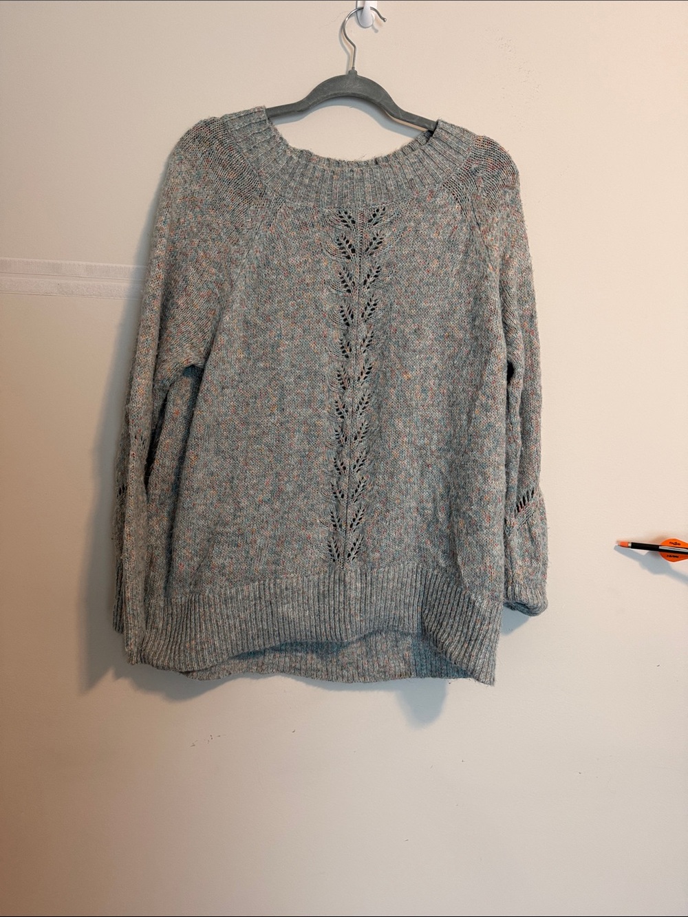LOFT Speckled Light Gray Lace-Knit Crewneck Sweater
